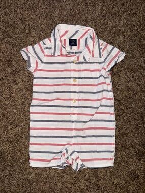 GAP White Romper with Pink and Navy Stripes